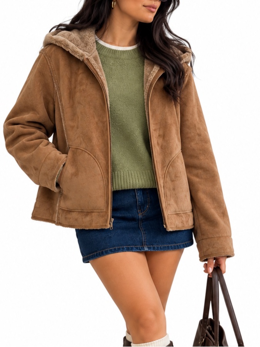Vintage AEROS Faux Suede Sherpa Hooded Jacket Brown Y2K Large